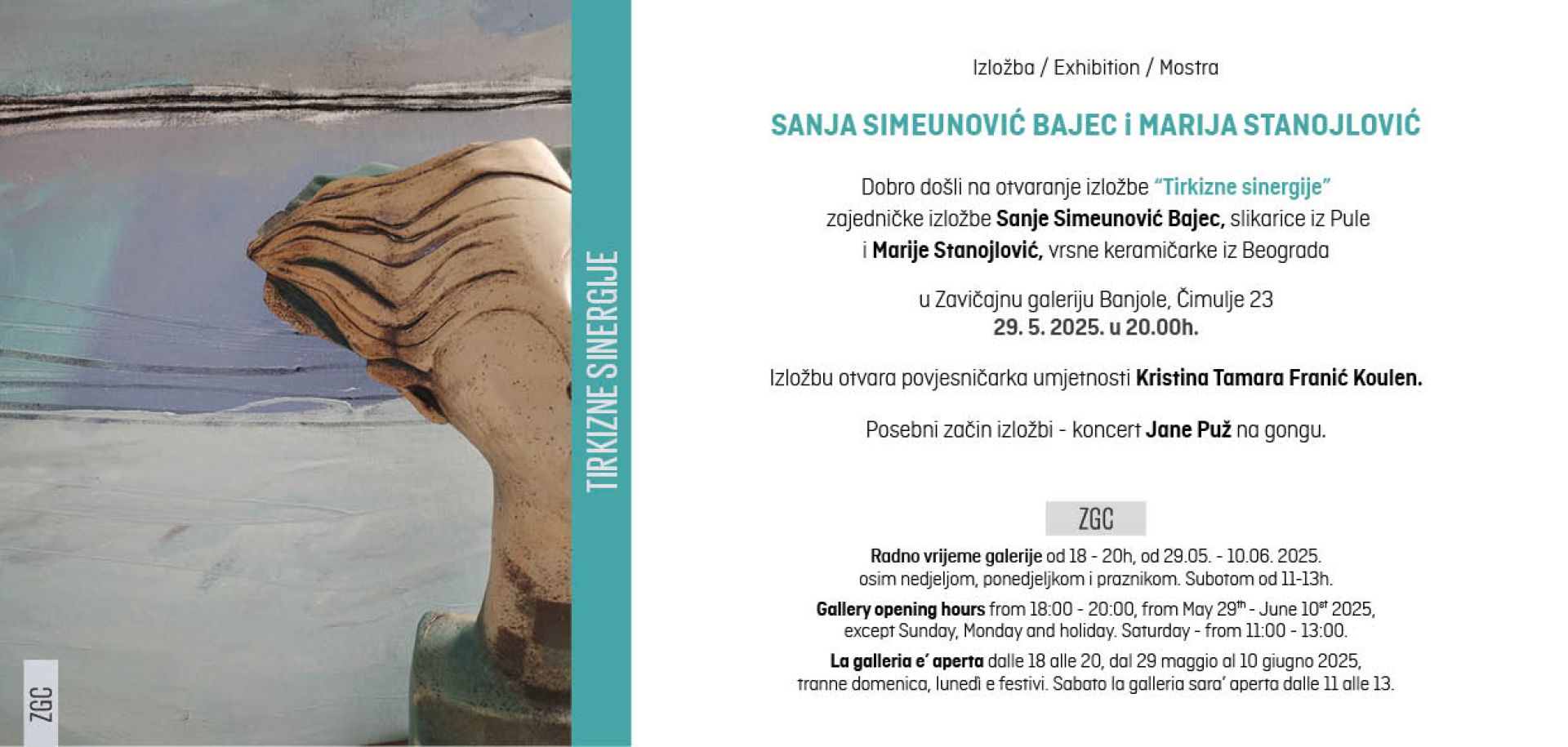 Pozivamo vas na izložbu „Tirkizne sinergije“ Sanje Simeunović Bajec i Marije Stanojlović - 29.5.2025 (Banjole)